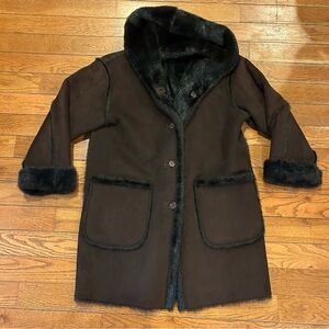 Jones New York Suede Fur Faux Hooded Winter Coat Jacket Designer Brown Large